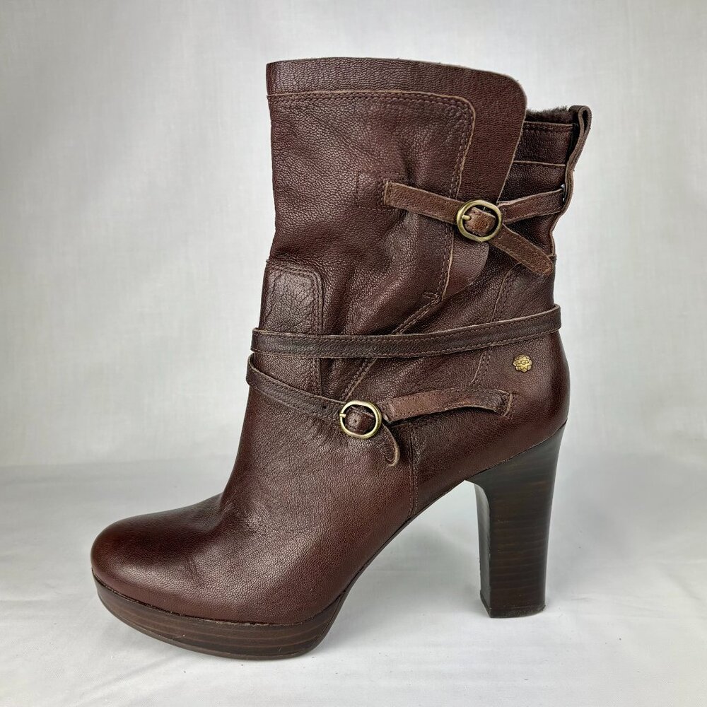 UGG Brown Ankle Booties with Chunky Heel and Buckle Details